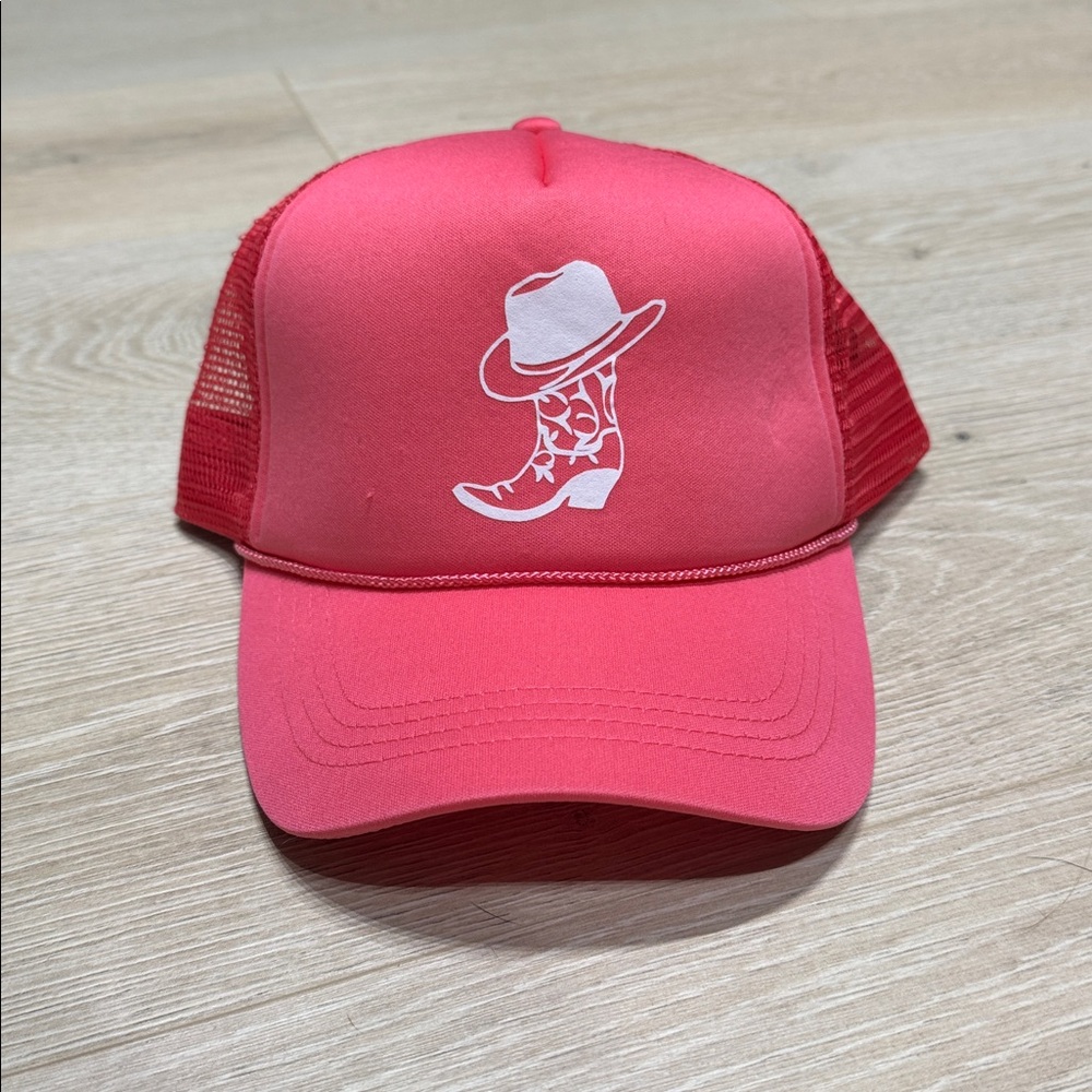 NWOT Pink Foam Snapback Trucker Hat with Cowboy Boot Design